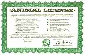 Back page graphic shows an Animal License with appearance of a legal document. Text is presented in full on this page.